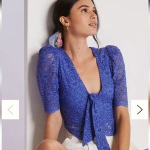 Maeve Anthropologie NWT Lace Periwinkle Blue Tie Front Crop Blouse Size 10